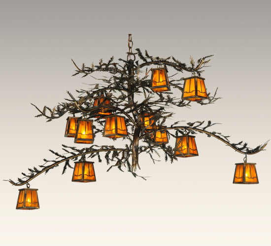 Meyda Lighting Pine Branch 54" 12-Light Dark Burnished Antique Copper Valley View Chandelier With Honey Amber Art Shade Glass