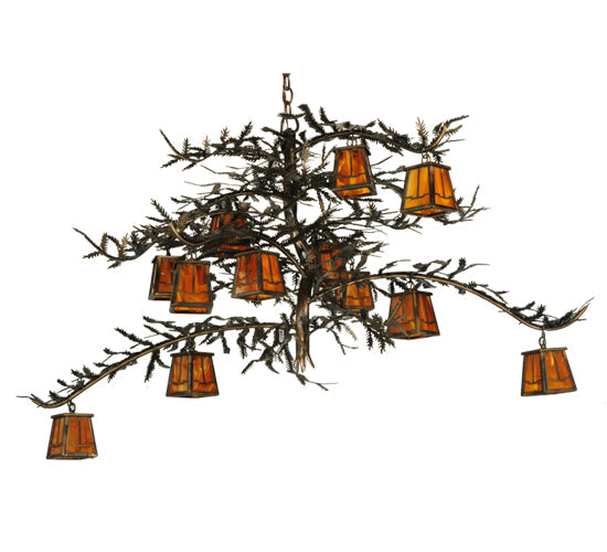 Meyda Lighting Pine Branch 54" 12-Light Dark Burnished Antique Copper Valley View Chandelier With Honey Amber Art Shade Glass