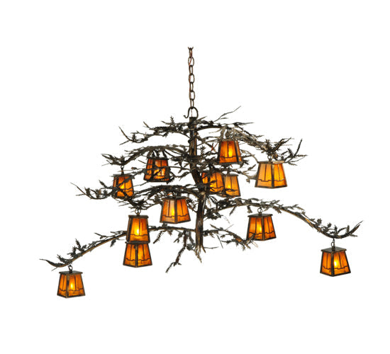 Meyda Lighting Pine Branch 54" 12-Light Dark Burnished Antique Copper Valley View Chandelier With Honey Amber Art Shade Glass