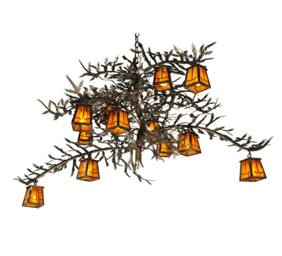 Meyda Lighting Pine Branch 54" 12-Light Dark Burnished Antique Copper Valley View Chandelier With Honey Amber Art Shade Glass