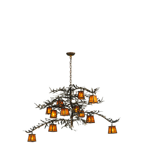 Meyda Lighting Pine Branch 54" 12-Light Dark Burnished Antique Copper Valley View Chandelier With Honey Amber Art Shade Glass