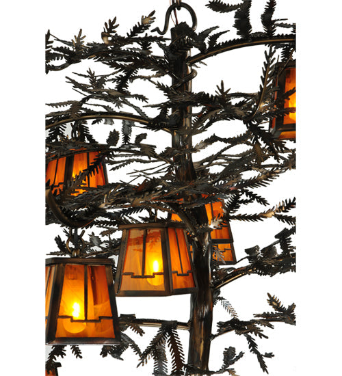 Meyda Lighting Pine Branch 54" 12-Light Dark Burnished Antique Copper Valley View Chandelier With Honey Amber Art Shade Glass