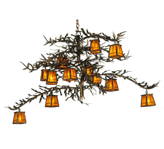 Meyda Lighting Pine Branch 54" 12-Light Dark Burnished Antique Copper Valley View Chandelier With Honey Amber Art Shade Glass