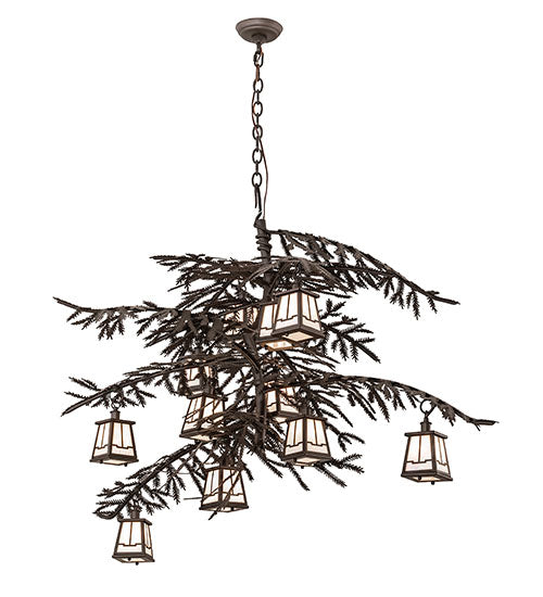 Meyda Lighting Pine Branch 54" 12-Light Oil Rubbed Bronze Valley View Chandelier With White Iridescent Shade Glass