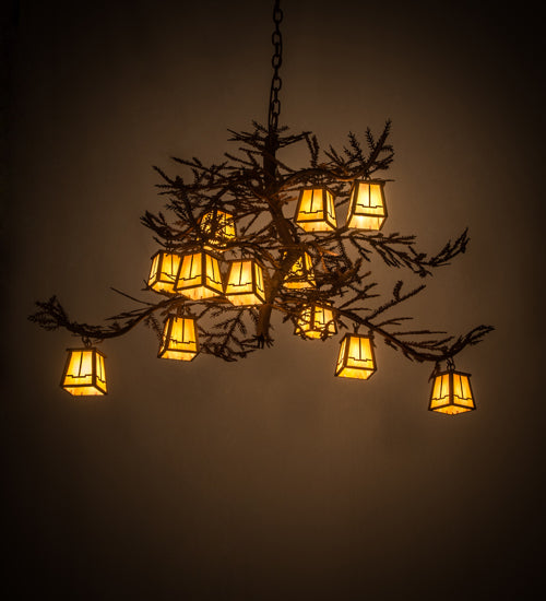 Meyda Lighting Pine Branch 54" 12-Light Rust Over Wrought Iron Valley View Chandelier With Beige Iridescent Art Shade Glass