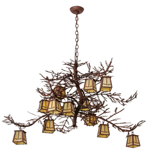 Meyda Lighting Pine Branch 54" 12-Light Rust Over Wrought Iron Valley View Chandelier With Beige Iridescent Art Shade Glass