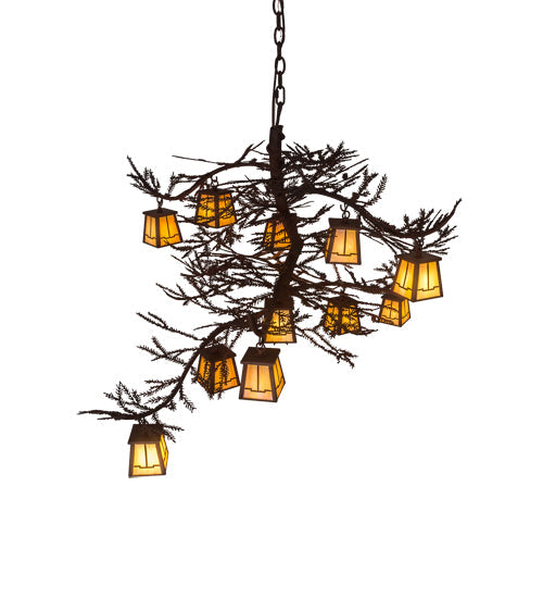 Meyda Lighting Pine Branch 54" 12-Light Rust Over Wrought Iron Valley View Chandelier With Beige Iridescent Art Shade Glass