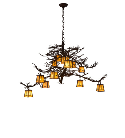 Meyda Lighting Pine Branch 54" 12-Light Rust Over Wrought Iron Valley View Chandelier With Beige Iridescent Art Shade Glass