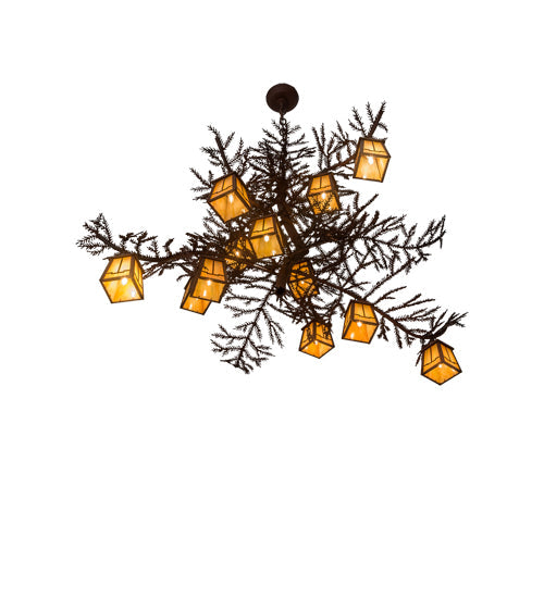 Meyda Lighting Pine Branch 54" 12-Light Rust Over Wrought Iron Valley View Chandelier With Beige Iridescent Art Shade Glass