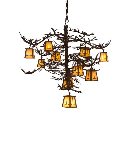 Meyda Lighting Pine Branch 54" 12-Light Rust Over Wrought Iron Valley View Chandelier With Beige Iridescent Art Shade Glass