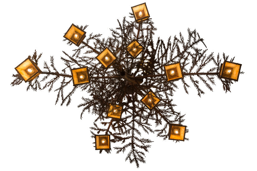Meyda Lighting Pine Branch 54" 12-Light Rust Over Wrought Iron Valley View Chandelier With Beige Iridescent Art Shade Glass
