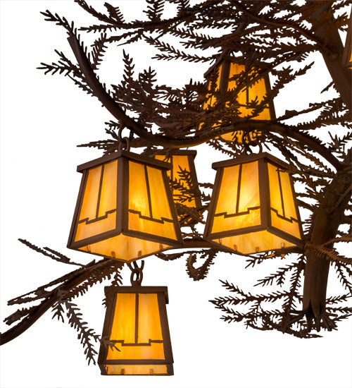 Meyda Lighting Pine Branch 54" 12-Light Rust Over Wrought Iron Valley View Chandelier With Beige Iridescent Art Shade Glass