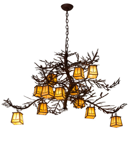 Meyda Lighting Pine Branch 54" 12-Light Rust Over Wrought Iron Valley View Chandelier With Beige Iridescent Art Shade Glass