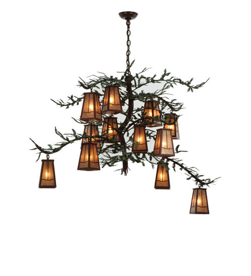 Meyda Lighting Pine Branch 54" 12-Light Rust and Green Branches Valley View Chandelier With Silver Mica Shade Glass