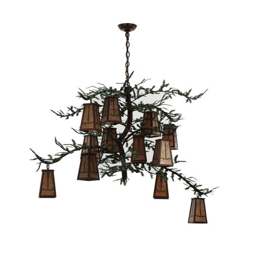 Meyda Lighting Pine Branch 54" 12-Light Rust and Green Branches Valley View Chandelier With Silver Mica Shade Glass