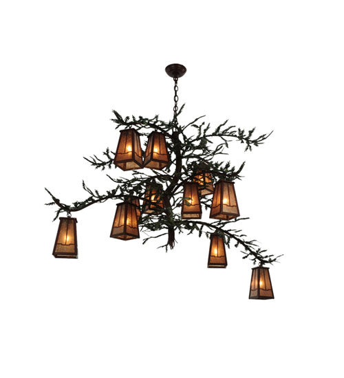 Meyda Lighting Pine Branch 54" 12-Light Rust and Green Branches Valley View Chandelier With Silver Mica Shade Glass
