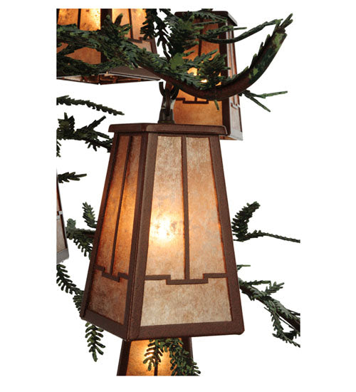 Meyda Lighting Pine Branch 54" 12-Light Rust and Green Branches Valley View Chandelier With Silver Mica Shade Glass