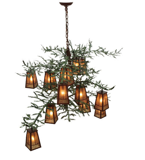 Meyda Lighting Pine Branch 54" 12-Light Rust and Green Branches Valley View Chandelier With Silver Mica Shade Glass