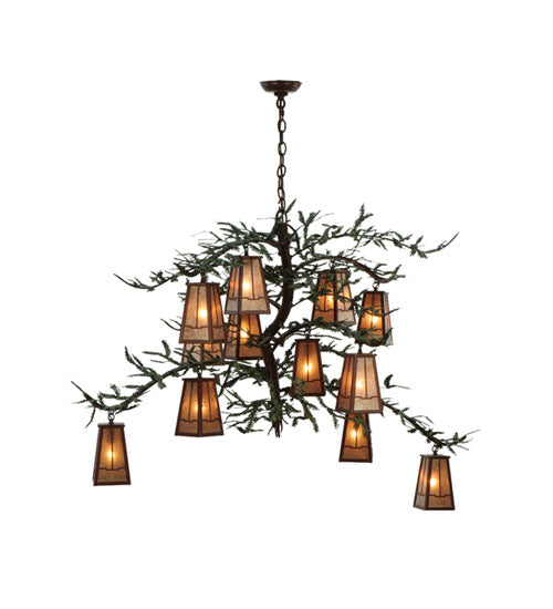 Meyda Lighting Pine Branch 54" 12-Light Rust and Green Branches Valley View Chandelier With Silver Mica Shade Glass