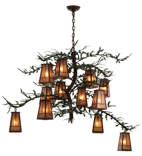 Meyda Lighting Pine Branch 54" 12-Light Rust and Green Branches Valley View Chandelier With Silver Mica Shade Glass