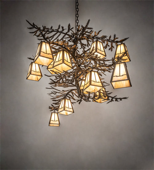 Meyda Lighting Pine Branch 55" 12-Light Antique Copper Valley View Chandelier With Beige Iridescent Shade Glass
