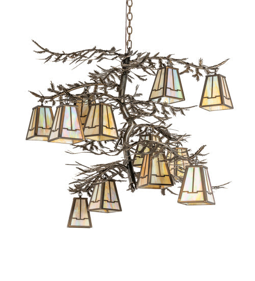 Meyda Lighting Pine Branch 55" 12-Light Antique Copper Valley View Chandelier With Beige Iridescent Shade Glass