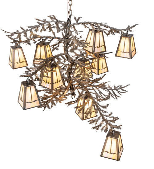 Meyda Lighting Pine Branch 55" 12-Light Antique Copper Valley View Chandelier With Beige Iridescent Shade Glass