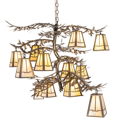 Meyda Lighting Pine Branch 55" 12-Light Antique Copper Valley View Chandelier With Beige Iridescent Shade Glass