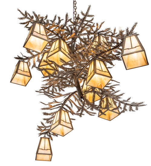 Meyda Lighting Pine Branch 55" 12-Light Antique Copper Valley View Chandelier With Beige Iridescent Shade Glass