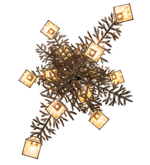 Meyda Lighting Pine Branch 55" 12-Light Antique Copper Valley View Chandelier With Beige Iridescent Shade Glass
