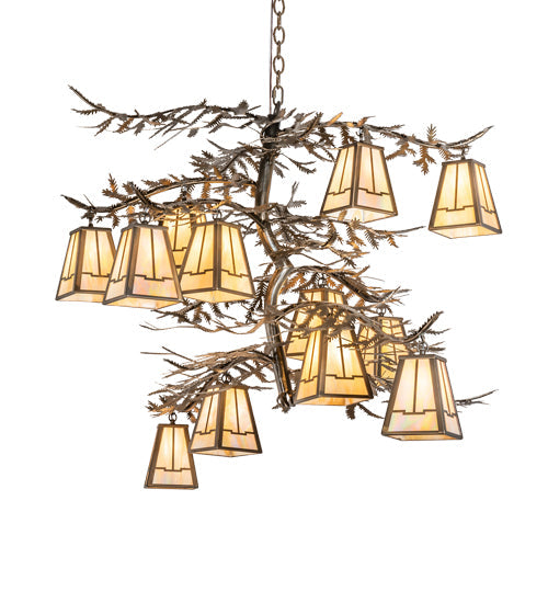 Meyda Lighting Pine Branch 55" 12-Light Antique Copper Valley View Chandelier With Beige Iridescent Shade Glass
