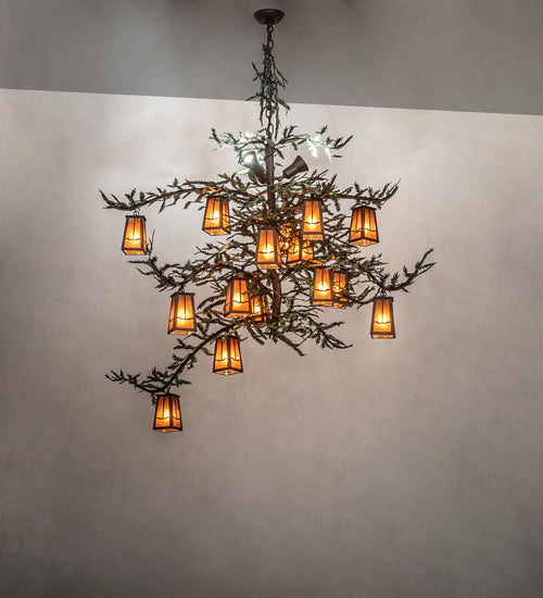 Meyda Lighting Pine Branch 62" 15-Light Cafe Noir & Green Branches Valley View Chandelier With Amber Mica Shade Glass