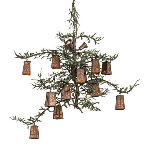 Meyda Lighting Pine Branch 62" 15-Light Cafe Noir & Green Branches Valley View Chandelier With Amber Mica Shade Glass