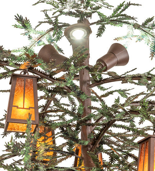 Meyda Lighting Pine Branch 62" 15-Light Cafe Noir & Green Branches Valley View Chandelier With Amber Mica Shade Glass