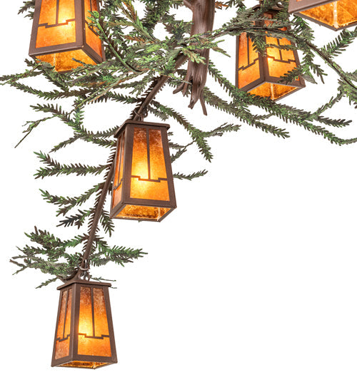 Meyda Lighting Pine Branch 62" 15-Light Cafe Noir & Green Branches Valley View Chandelier With Amber Mica Shade Glass