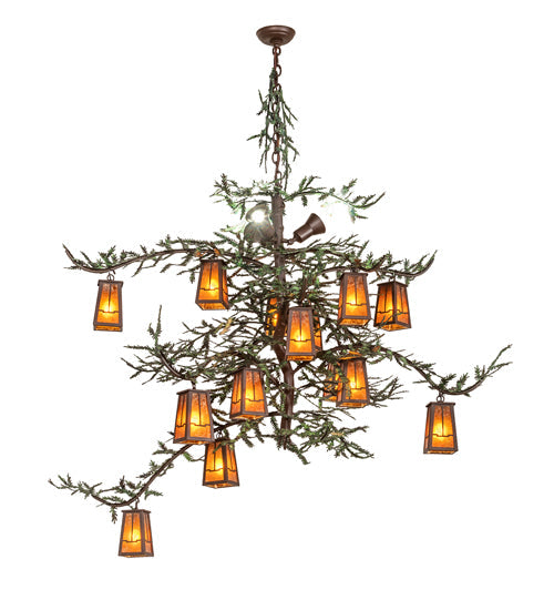 Meyda Lighting Pine Branch 62" 15-Light Cafe Noir & Green Branches Valley View Chandelier With Amber Mica Shade Glass