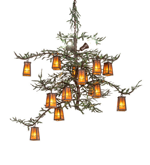 Meyda Lighting Pine Branch 62" 15-Light Cafe Noir & Green Branches Valley View Chandelier With Amber Mica Shade Glass