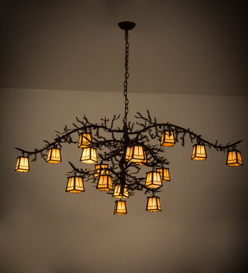 Meyda Lighting Pine Branch 66" 18-Light Oil Rubbed Bronze Valley View Chandelier With Beige Iridescent Shade Glass