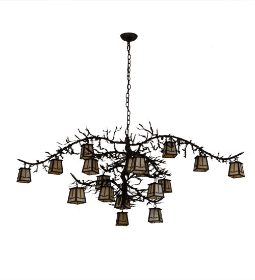 Meyda Lighting Pine Branch 66" 18-Light Oil Rubbed Bronze Valley View Chandelier With Beige Iridescent Shade Glass