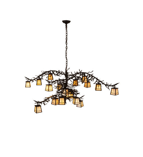 Meyda Lighting Pine Branch 66" 18-Light Oil Rubbed Bronze Valley View Chandelier With Beige Iridescent Shade Glass