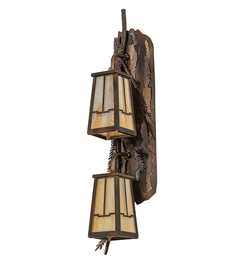 Meyda Lighting Pine Branch 7" 2-Light Dark Burnished Antique Copper Valley View Wall Sconce With Beige Iridescent Art Shade Glass