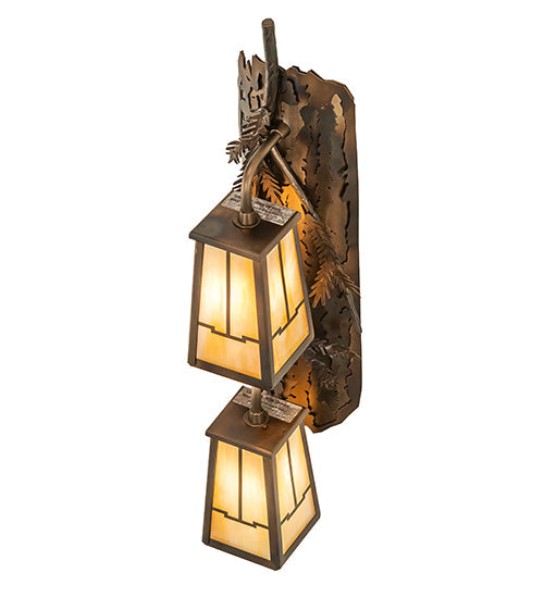 Meyda Lighting Pine Branch 7" 2-Light Dark Burnished Antique Copper Valley View Wall Sconce With Beige Iridescent Art Shade Glass