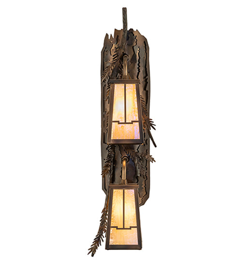 Meyda Lighting Pine Branch 7" 2-Light Dark Burnished Antique Copper Valley View Wall Sconce With Beige Iridescent Art Shade Glass