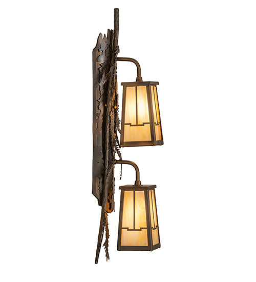 Meyda Lighting Pine Branch 7" 2-Light Dark Burnished Antique Copper Valley View Wall Sconce With Beige Iridescent Art Shade Glass