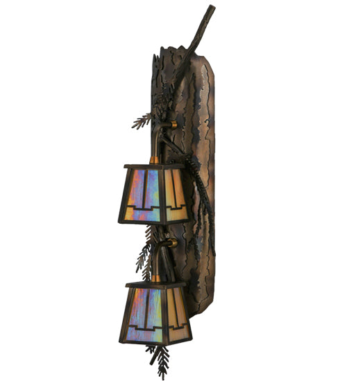 Meyda Lighting Pine Branch 7" 2-Light Dark Burnished Antique Copper Valley View Wall Sconce With Beige Iridescent Shade Glass