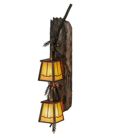 Meyda Lighting Pine Branch 7" 2-Light Dark Burnished Antique Copper Valley View Wall Sconce With Beige Iridescent Shade Glass