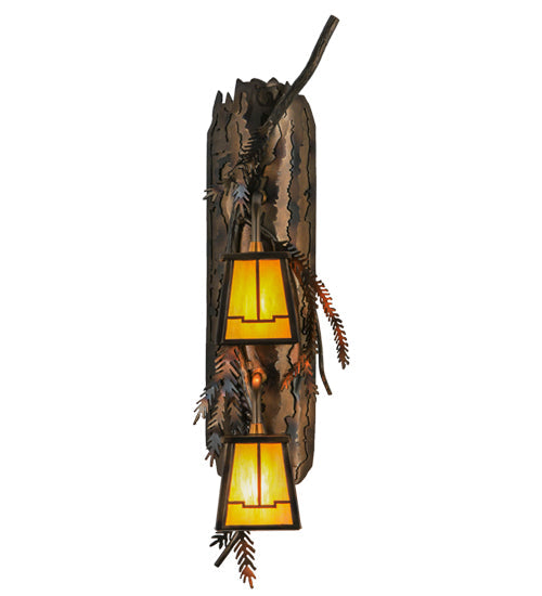 Meyda Lighting Pine Branch 7" 2-Light Dark Burnished Antique Copper Valley View Wall Sconce With Beige Iridescent Shade Glass