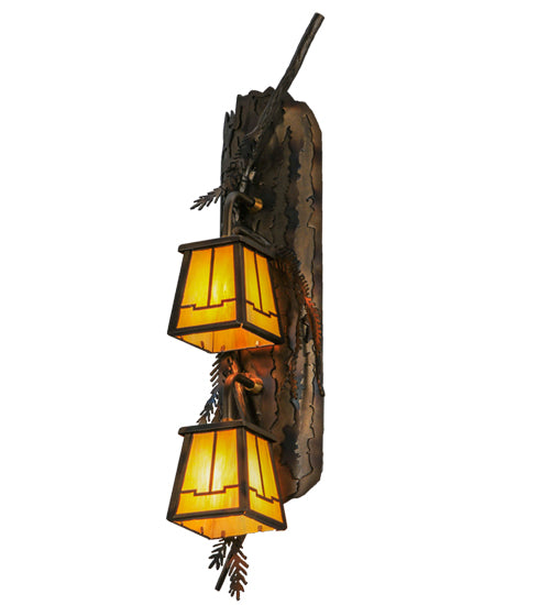 Meyda Lighting Pine Branch 7" 2-Light Dark Burnished Antique Copper Valley View Wall Sconce With Beige Iridescent Shade Glass