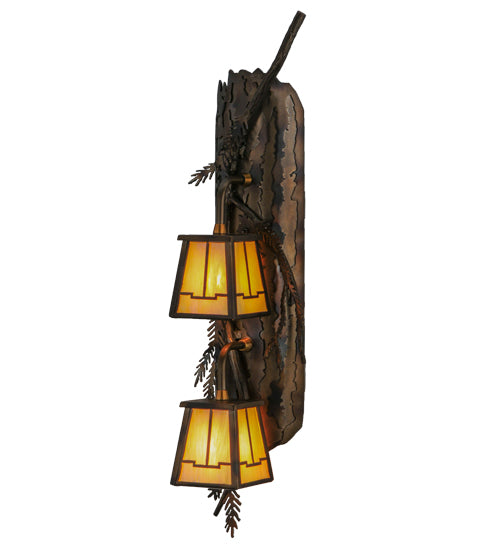 Meyda Lighting Pine Branch 7" 2-Light Dark Burnished Antique Copper Valley View Wall Sconce With Beige Iridescent Shade Glass