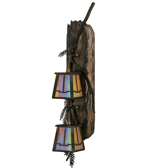 Meyda Lighting Pine Branch 7" 2-Light LED Antique Copper Valley View Wall Sconce With Beige Iridescent Shade Glass